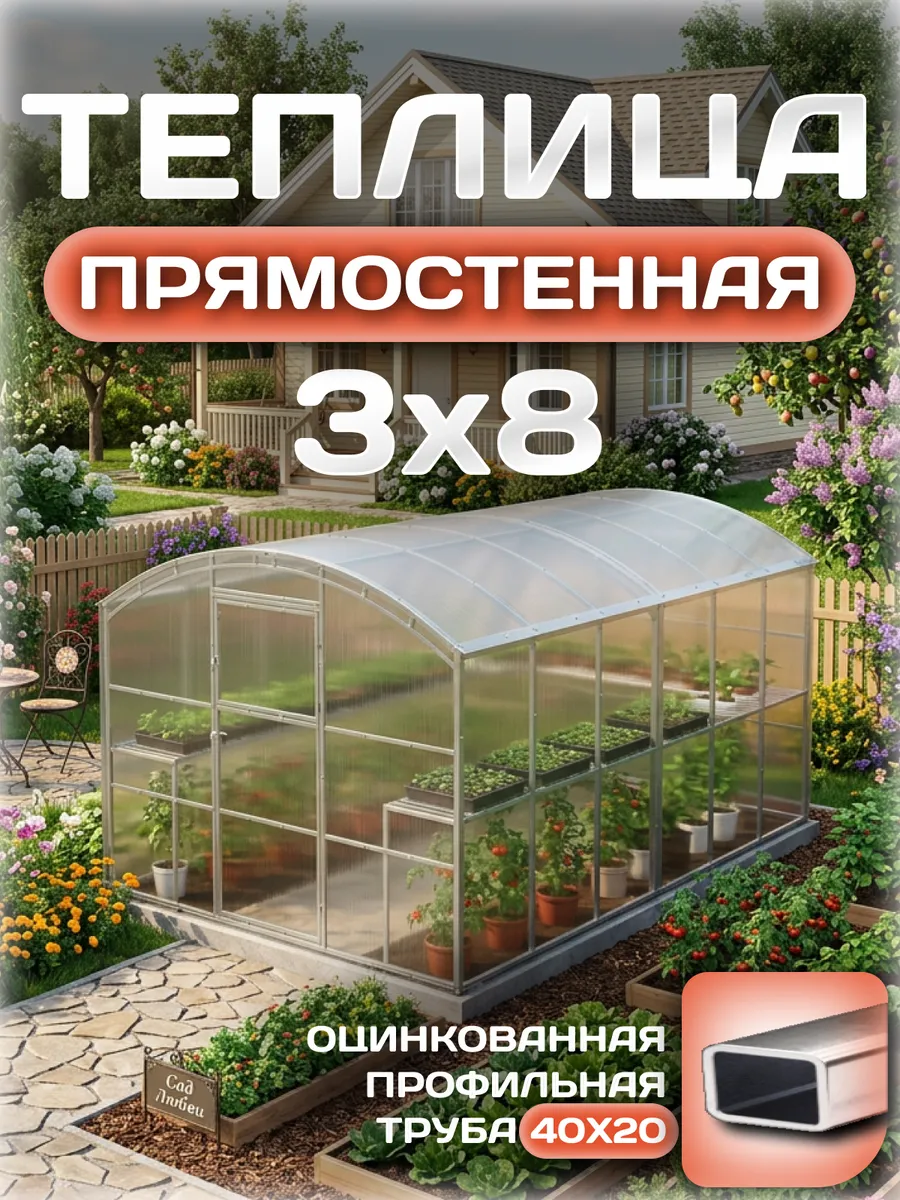 Теплица прямостенная 3х8 м, каркас 25х25, шаг дуг 0.65 м усиленная с поликарбонатом 4 мм, стандарт